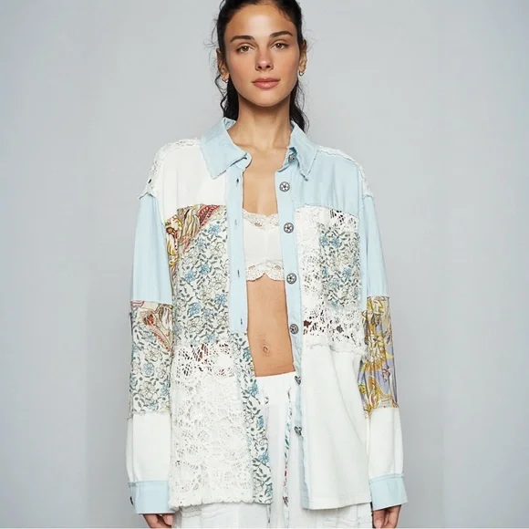 POL Balloon Sleeve Double Gauze Floral Button Front Shirt
